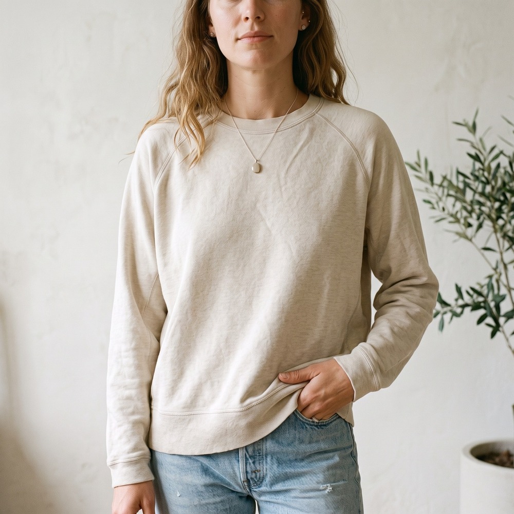 Paka Womens Sweathirt Medium Beige Crewneck Raglan Cotton Tencel Alpaca Blend